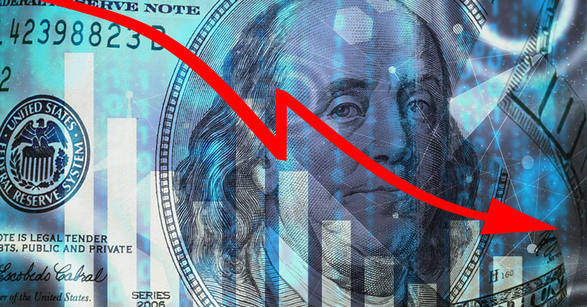 photo of $100 dollar bill with red downward arrow to emphasize down economy